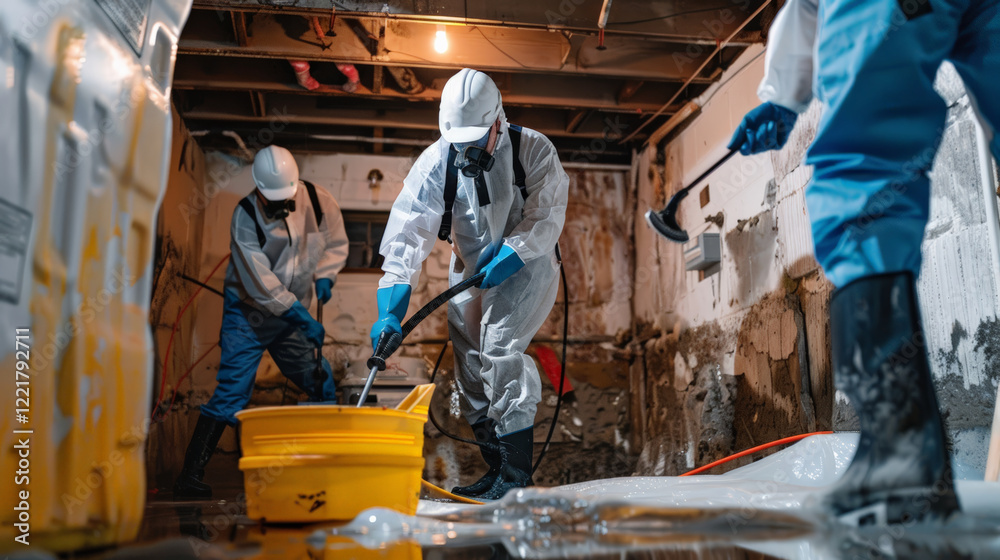 Technician in protective suit treating mold on wall
